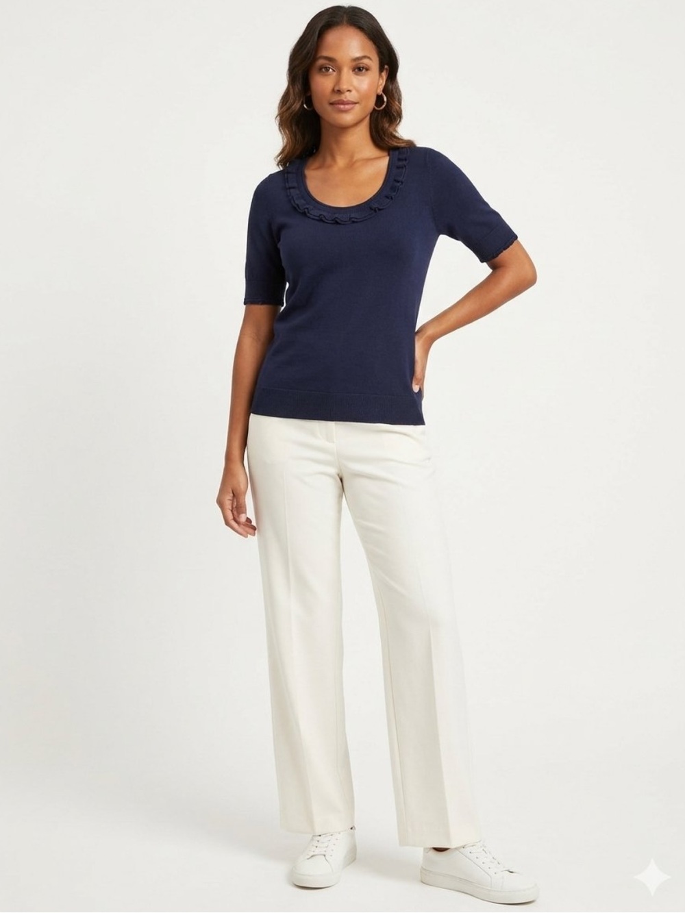 Banana Republic Cotton Ruffle Short Sleeve Sweater Navy Small Preppy Coquette